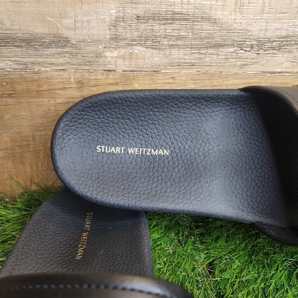 New Stuart WeitzmanWomen's Black Pearlshine Pool Leather Slide Sz 11.0 - Picture 9 of 11